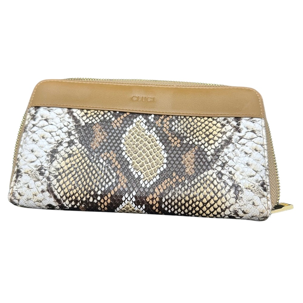 Cluci Snakeskin Print Wallet Zip‎ Around Clutch Tan Interior Women's